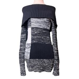 Y2K Cache Foldover Off Shoulder Medium Striped Colorblock Knit Tunic Sweater